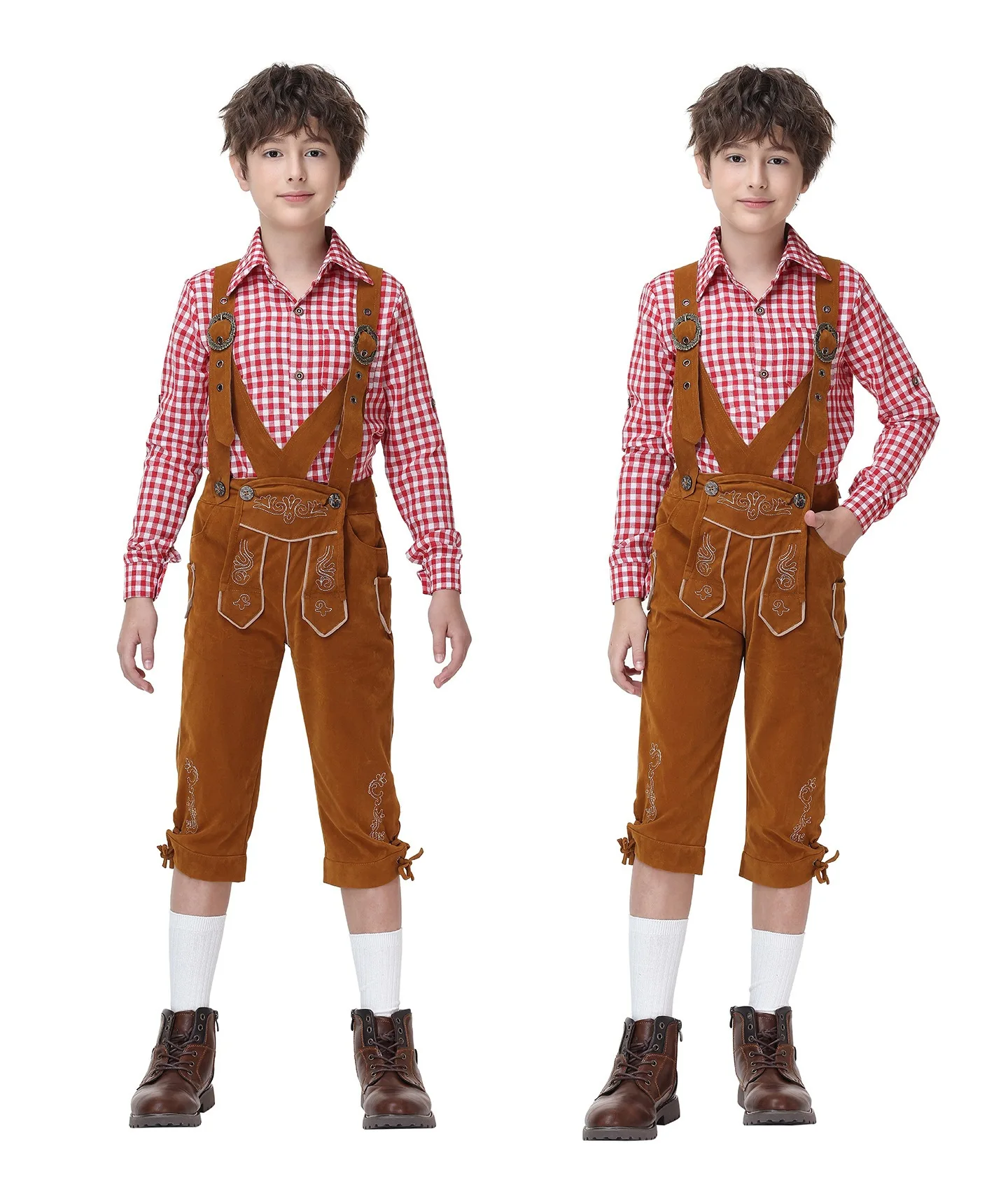 Vintage Bayerisches Lederhosen-Outfit für die Familie, Weißes Karohemd, Bestickte Hosenträgerhose, Oktoberfest-Party-Cosplay-Kostüm – Detail 20