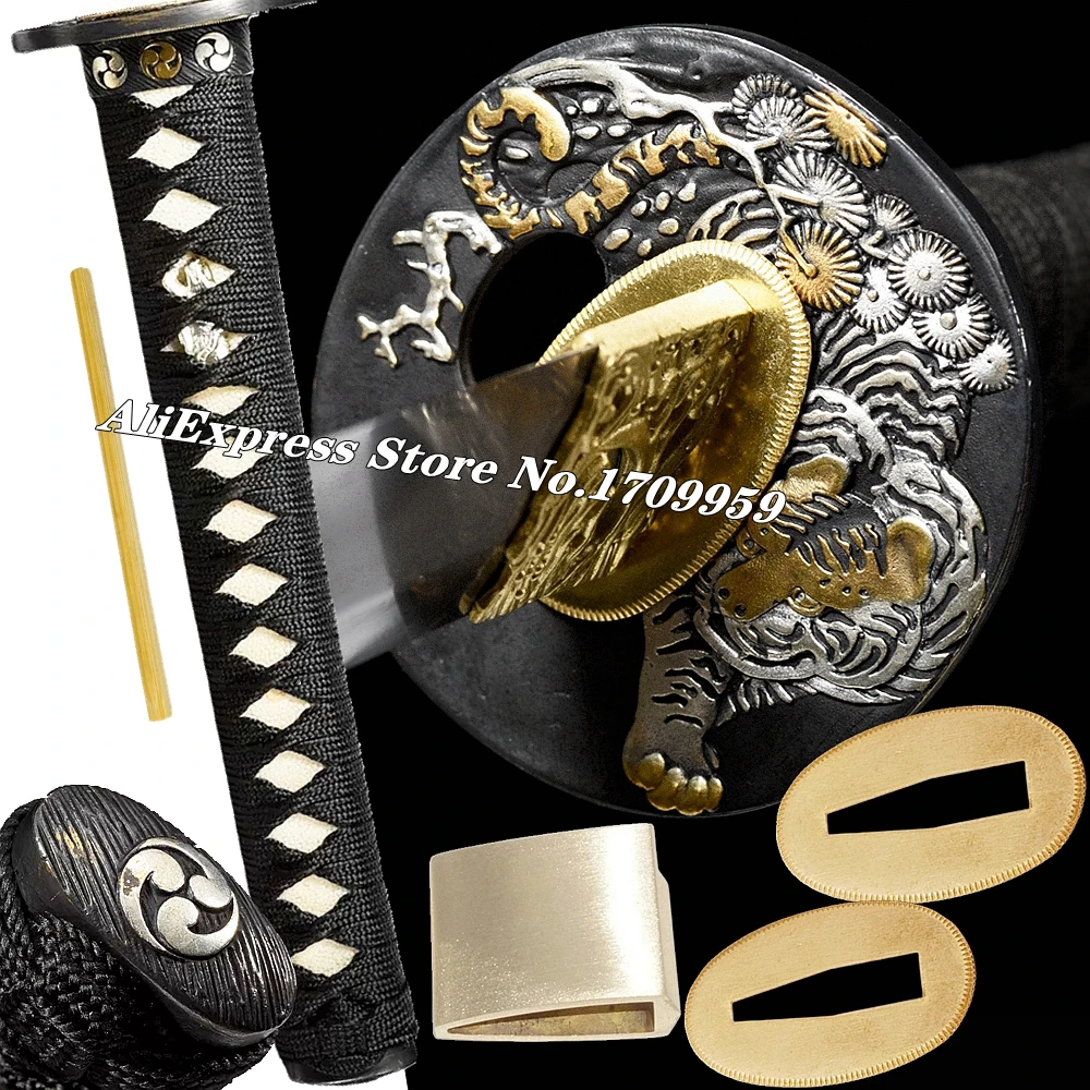 Quality Japanese Sword Set Fittings Copper Tiger Tsuba++Menuki+Fuchi+Kashira+Habaki+Seppa+Real Ray Skin Tsuka Katana Handle