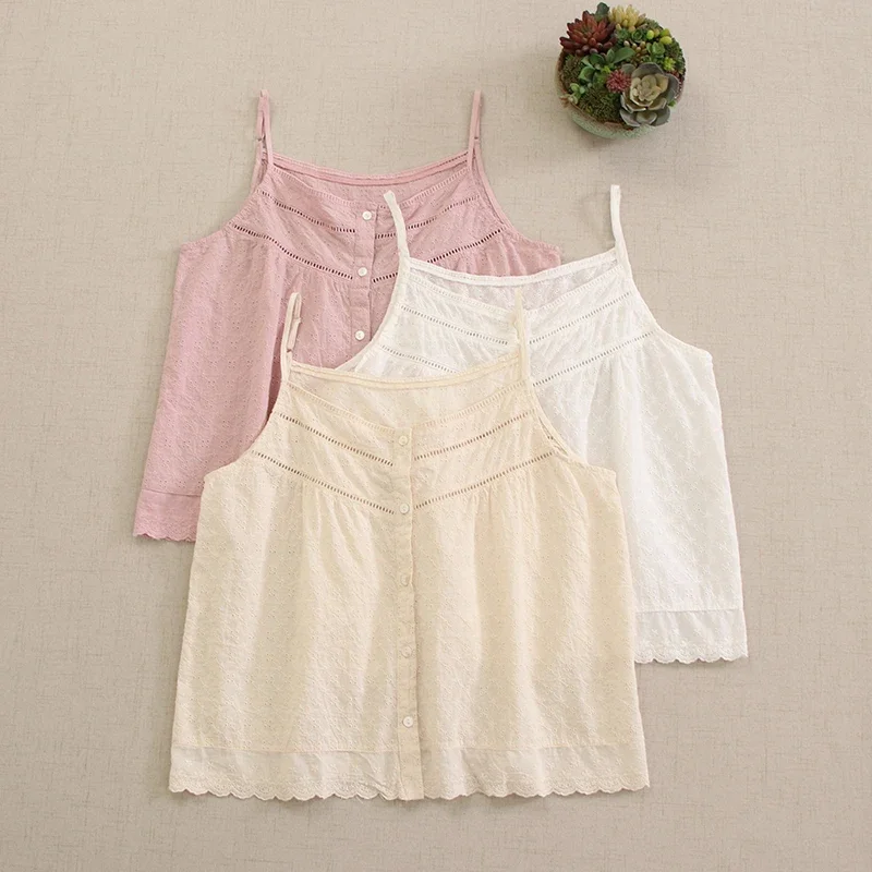 

Summer Sweet Mori Girl Solid Embroidered Camis Top Women Spaghetti Strap Single Breasted Casual Cotton Tank Tops