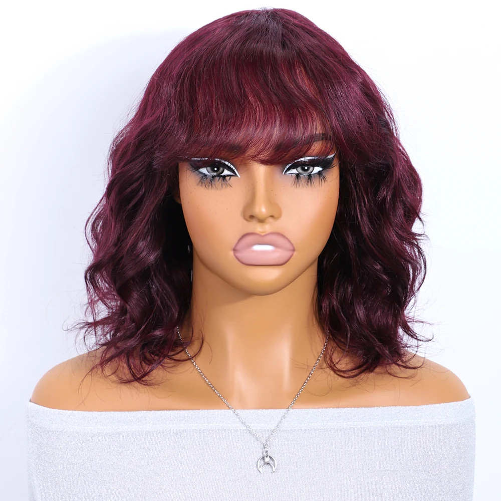 Lekker Burg Red Short Wavy Bob With Bangs 100% Human Hair Wigs For Women Brazilian Remy Hair Full Machine Made Colored 12