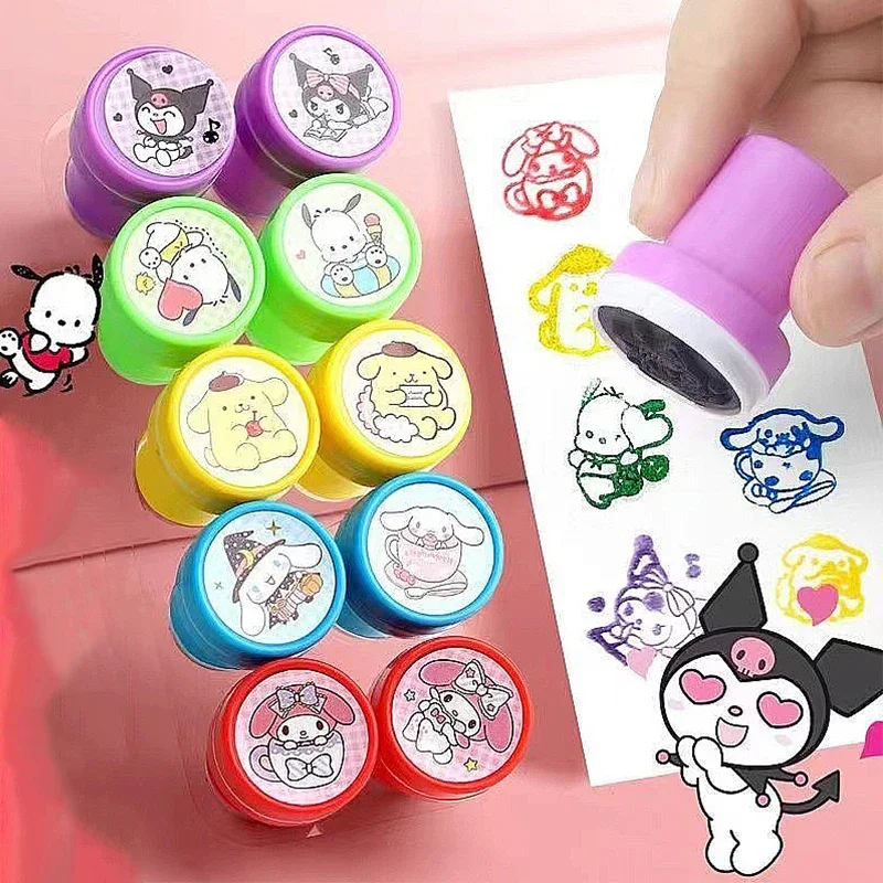 10Pcs/Set Sanrio Self-ink Stamps Cute Kuromi Melody Pompompurin Face Seal DIY Painting Photo Album Stamp Kids Toys