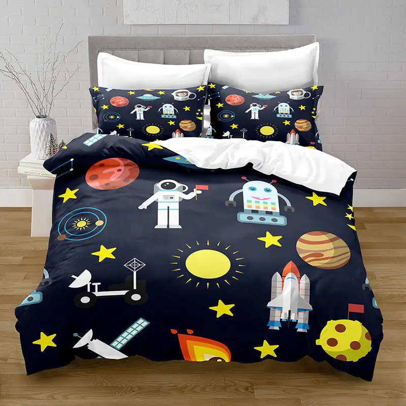 Outer Space Themed Kid Bedding Set Cartoon Rocket Planets Astronaut Duvet Cover King Queen Space Adventure Polyester Quilt Cover