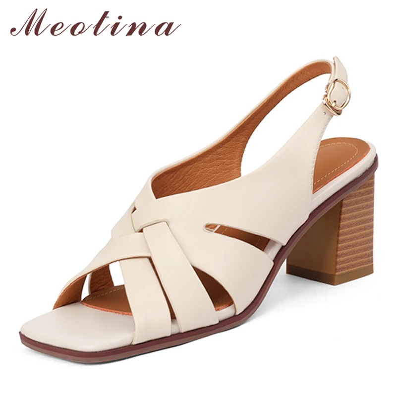 

Meotina Women Genuine Leather Peep Toe Gladiator Shoes Thick Heels Summer Buckle Sandals High Heel Causal Ladies Footwear Beige