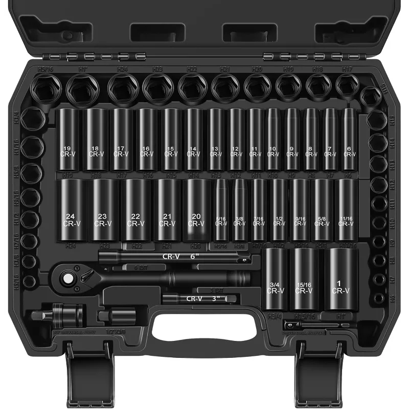 

64-Piece 3/8" Drive Socket Set, SAE (5/16"-1") & Metric (6mm-24mm), Deep & Shallow, 72-Tooth Ratchet Wrench, Extension Bars