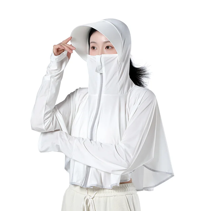 เสื้อคลุมกันแดดป้องกันรังสียูวีสูงพร้อมรูนิ้วหัวแม่มือ ซิปดีไซน์สำหรับฤดูร้อน มีฮู้ด แขนยาว สำหรับกิจกรรมกลางแจ้ง