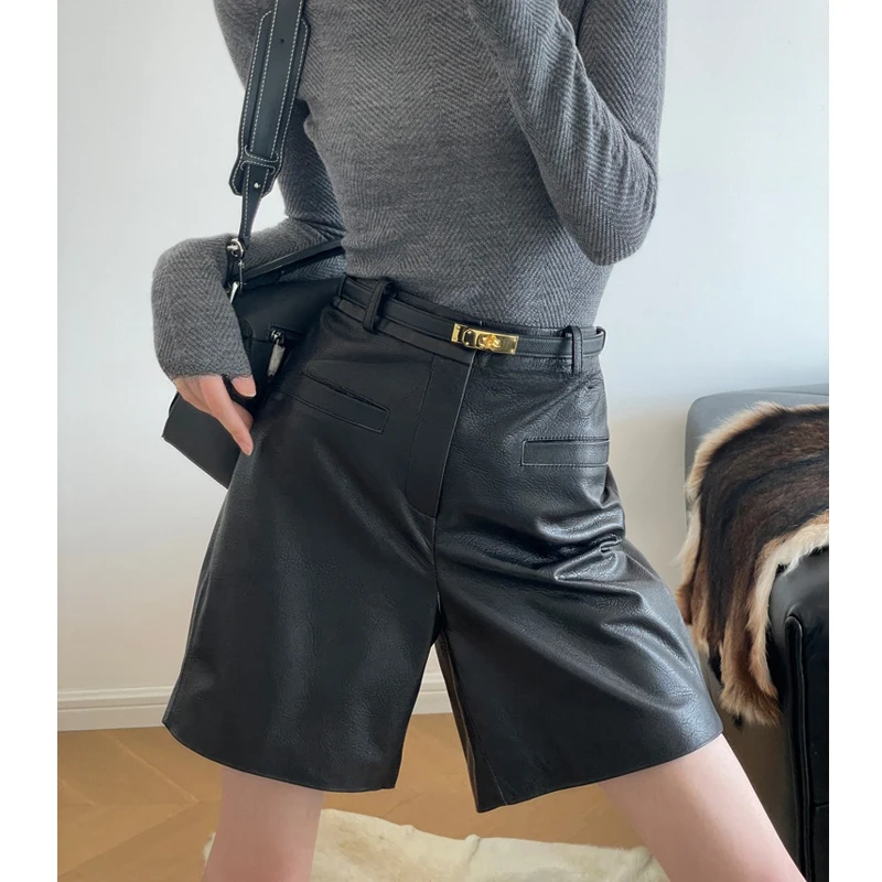 100% Real Leather Shorts For Women Straight Shorts Spring Chic Wine Red Ladies High Waist Imported Sheepskin Casual Leather
