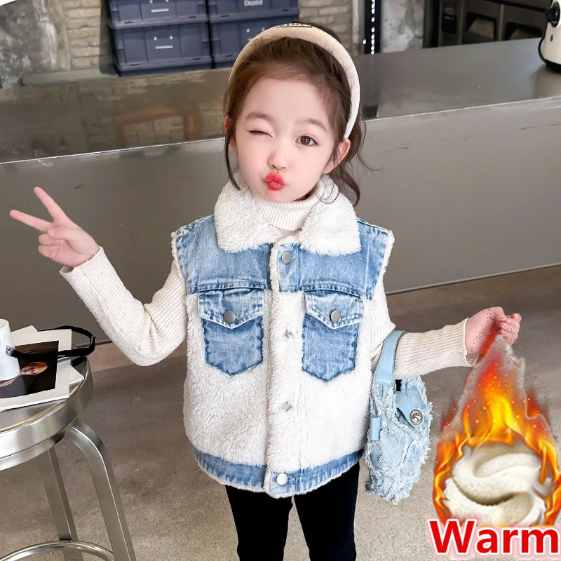 

Autumn Winter Baby Girl Thermal Denim Vest Sleeveless Jacket Toddler Kids Warm Clothes Fleece Lined Waistcoat Child Snow Outfit