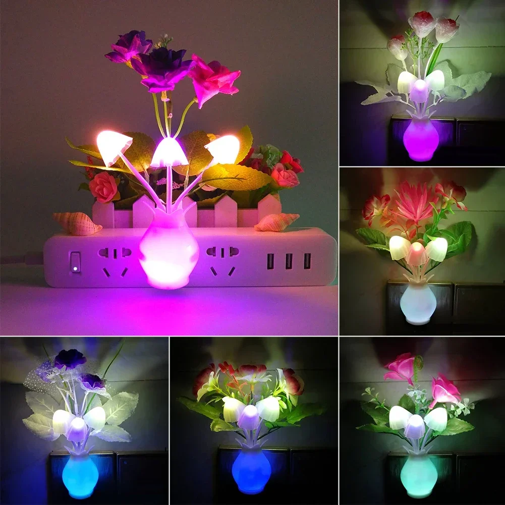 1Pc US Plug Rose Flower Wall Light Led Night Light With Sensor Plug-in Auto Switch Mushroom Night Lamp Home Living Room Decor