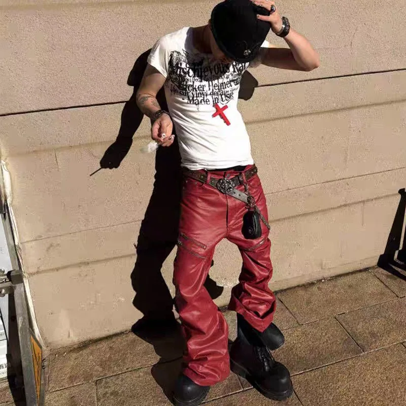 Dark Liquid Metal Red Coated Wax Pants Couple's Micro Flared Men's Jeans Teenager Casual Style Fashionable Slim Fit