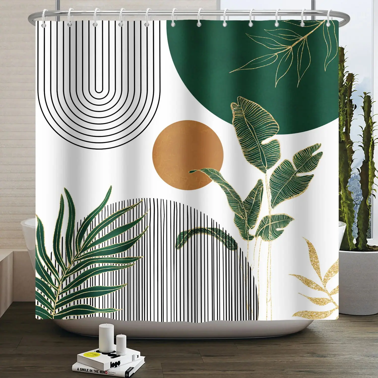 Mid Century Abstract Boho Shower Curtain Green Leaf Plant Modern Arch Sun Minimalist Nordic Waterproof Bathroom Bath Curtain