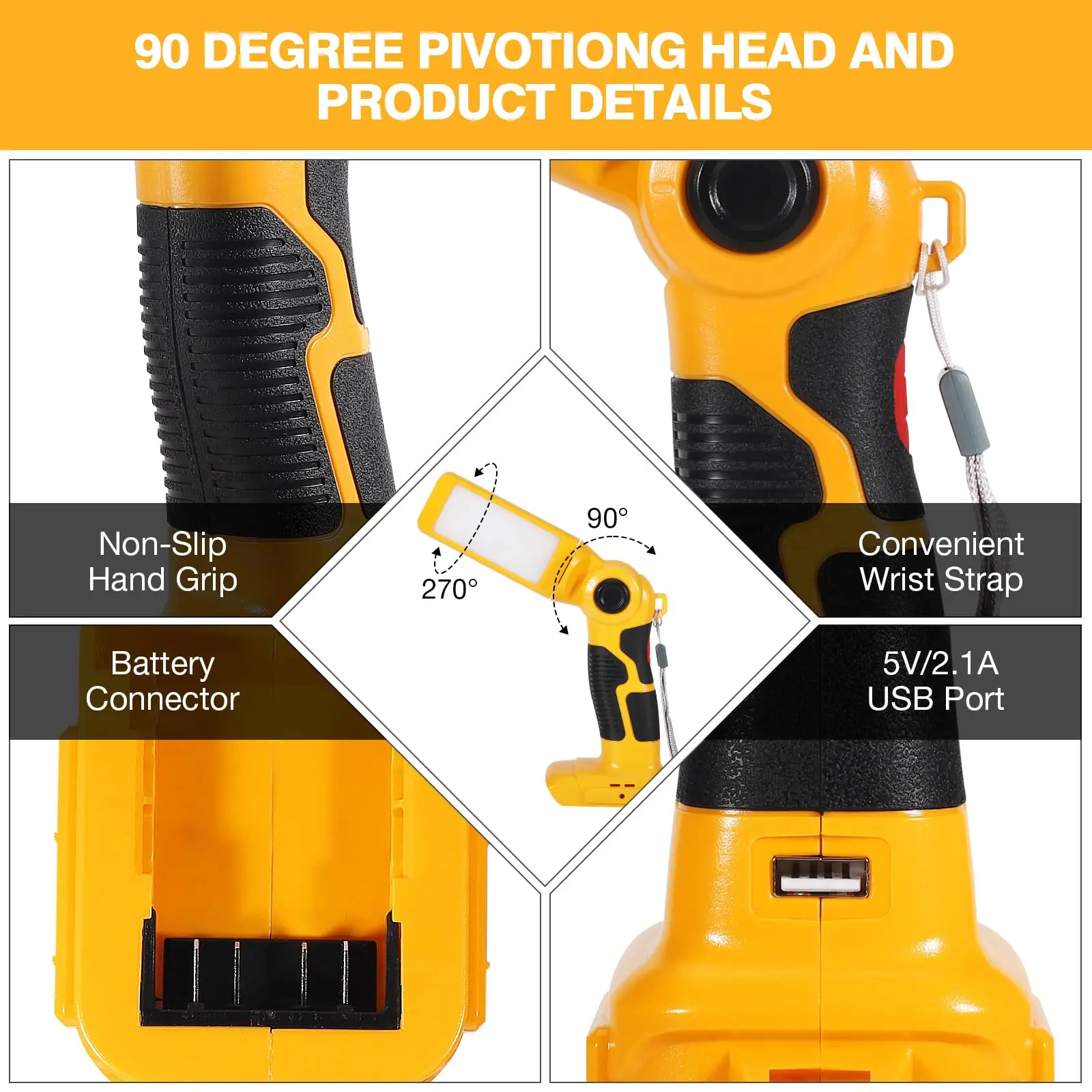 For Dewalt 20V Lithium Ion Batteries Led Work Light 1000LM Cordless Handheld Spotlight with USB Jobsite Light Desk Lamp Powered