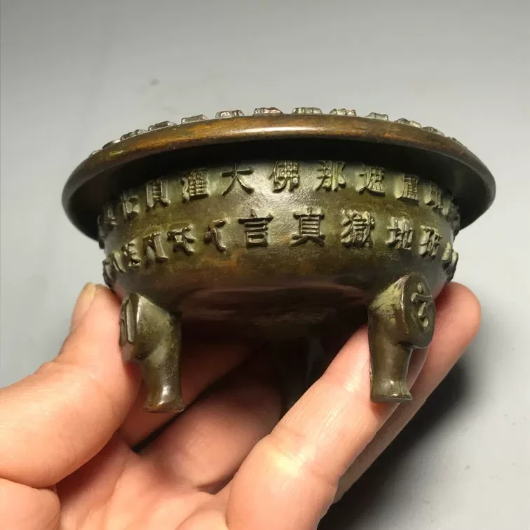 Chinese Carved Buddhism Sanskrit Three Legged Incense Burner Censer Crafts