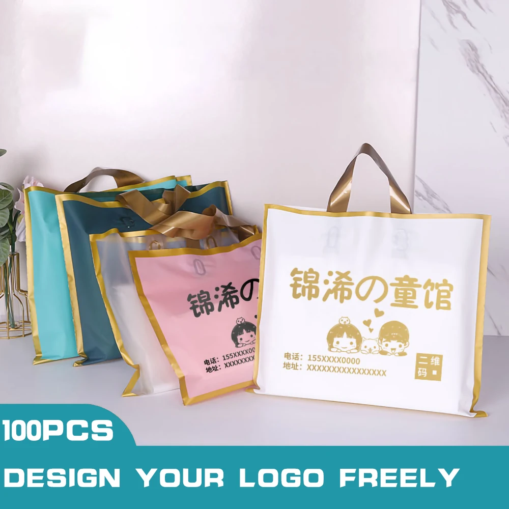 100 Uds. Bolsas de compras gruesas mate con logotipo personalizado Phnom Penh con asa bolsa de regalo de plástico con logotipo impreso de un Color