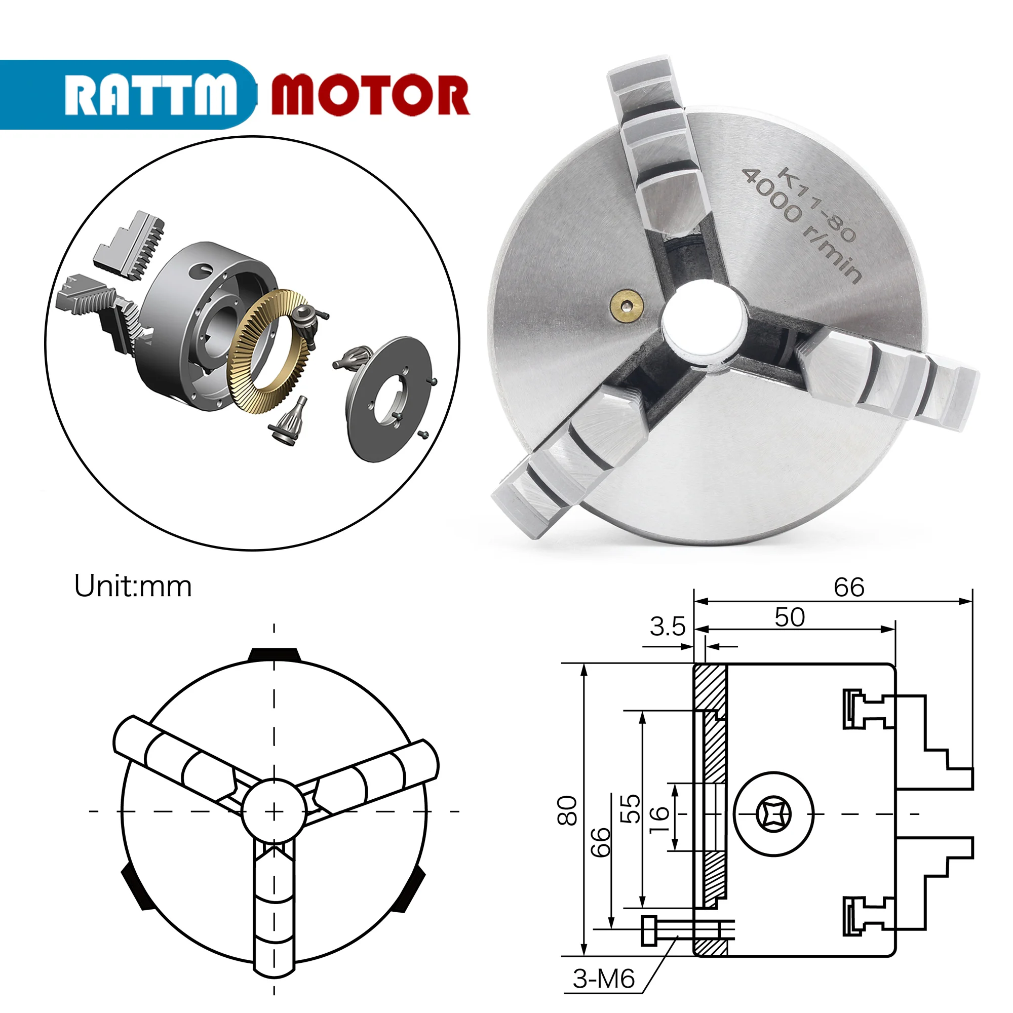 3 Jaw mechanical CNC lathe chuck self-centering K11 80mm 100mm Manual chuck Three chuck