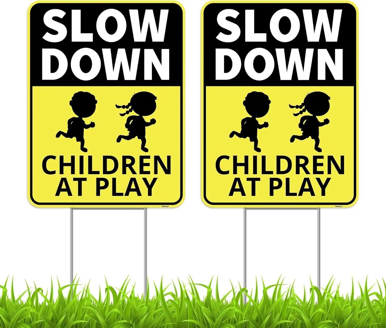 

2PC Slow Down Children at Play Safety Signs for Street with Stakes, 13x17 Double Sided Corrugated Plastic
