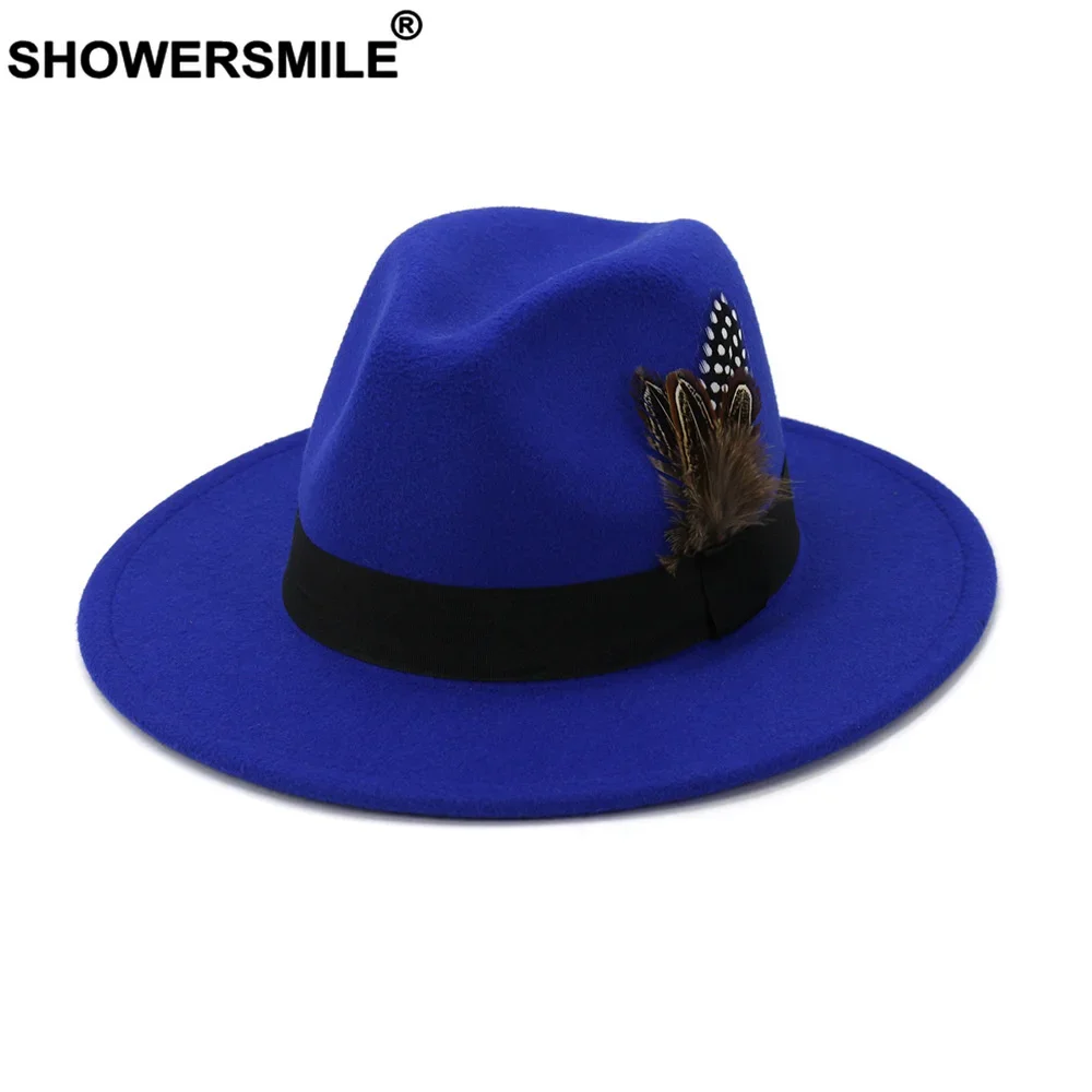 

SHOWERSMILE Royal Blue Women Men Wool VintageTrilby Felt Fedora Hat with Feather Church Hats Wide Brim Winter Autumn Jazz Caps