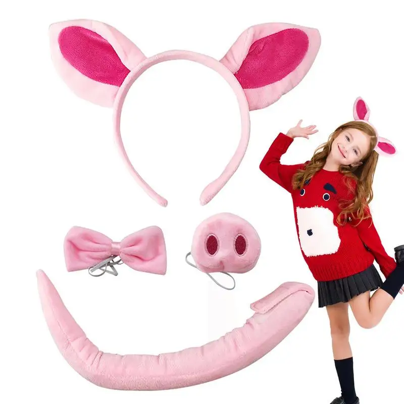 4 In1 Super Soft Plush Pig Ear Headband Nose Tail Halloween Animal Headdress Dress Up Accessories Pink Piggy Head Hoop Set