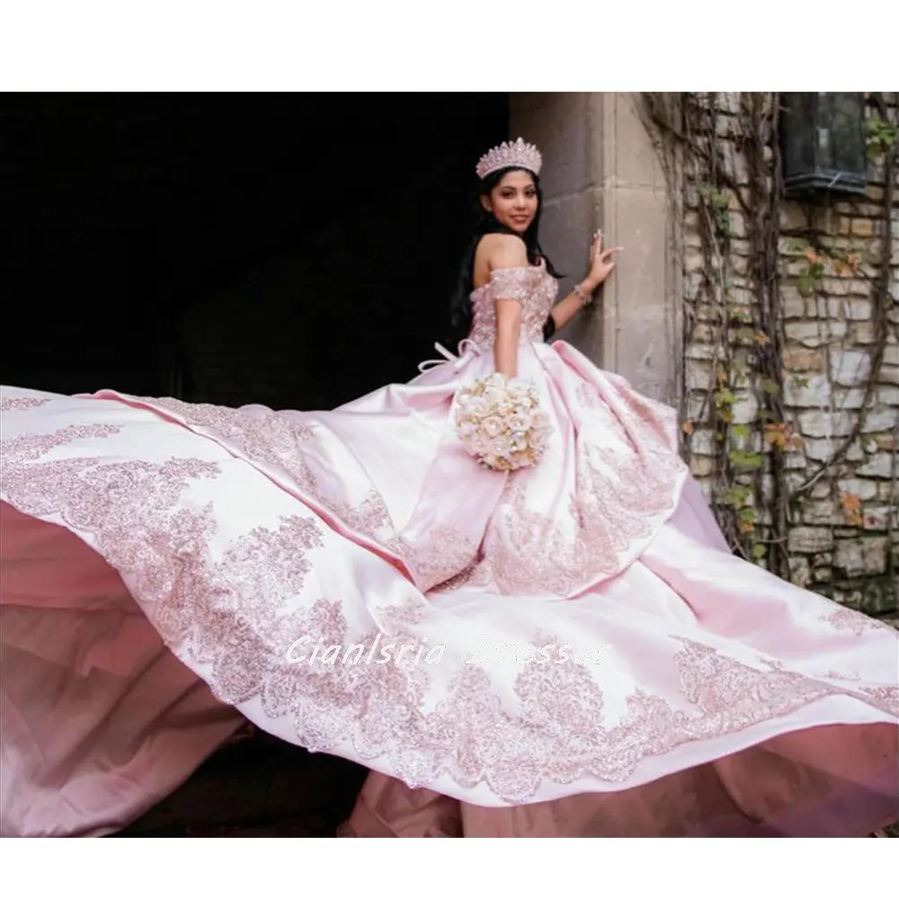 Rosa Pailletten Appliques Spitze Quinceanera Kleid Ballkleid Weg Von Der Schulter Tiered Korsett Süße 15 Vestidos De Quinceañera