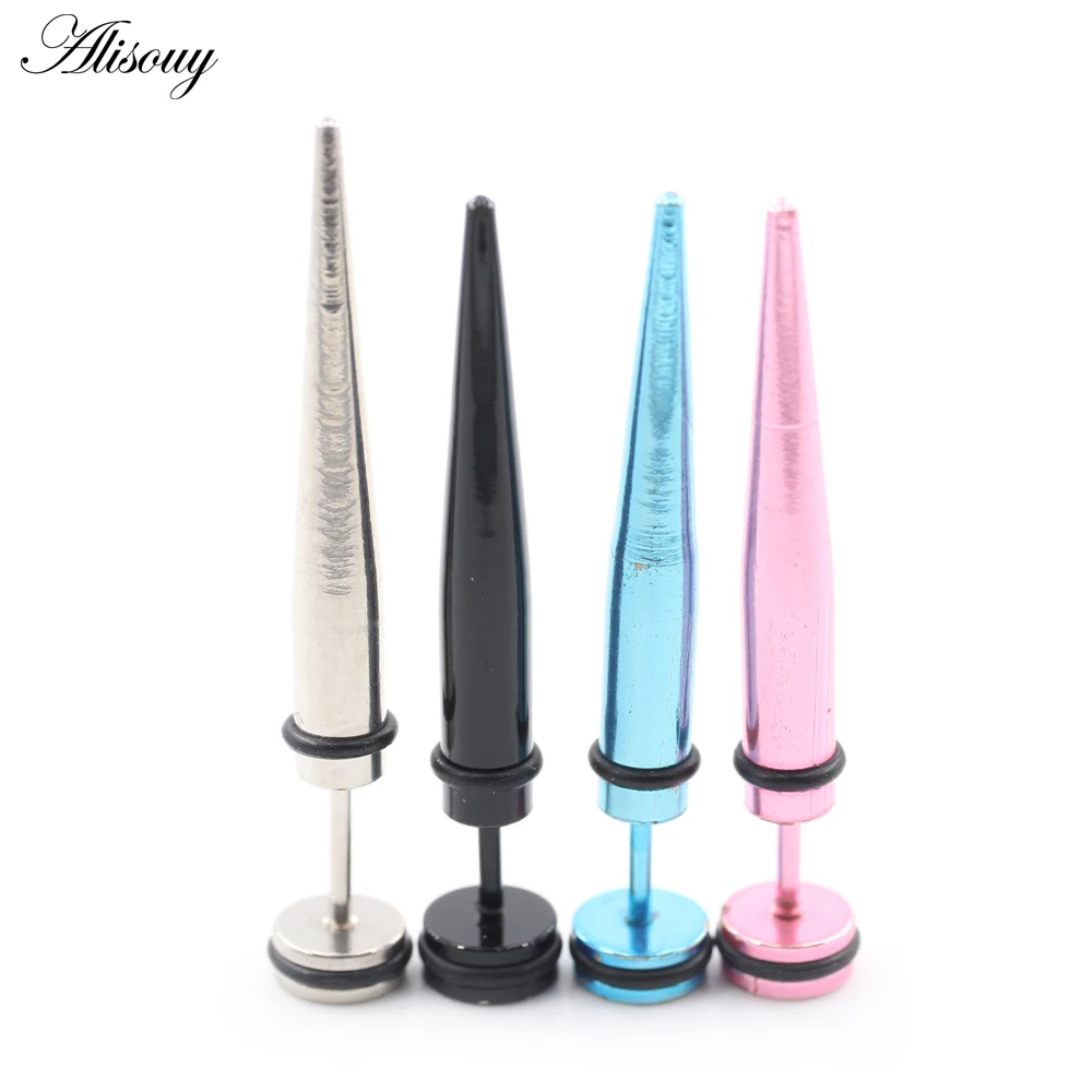 Alisouy 2pcs Pink Blue Color Stainless Steel HipHop Punk Pointed Cone Spike Tip Girls Boys Men Women Piercing Ear Stud Earrings