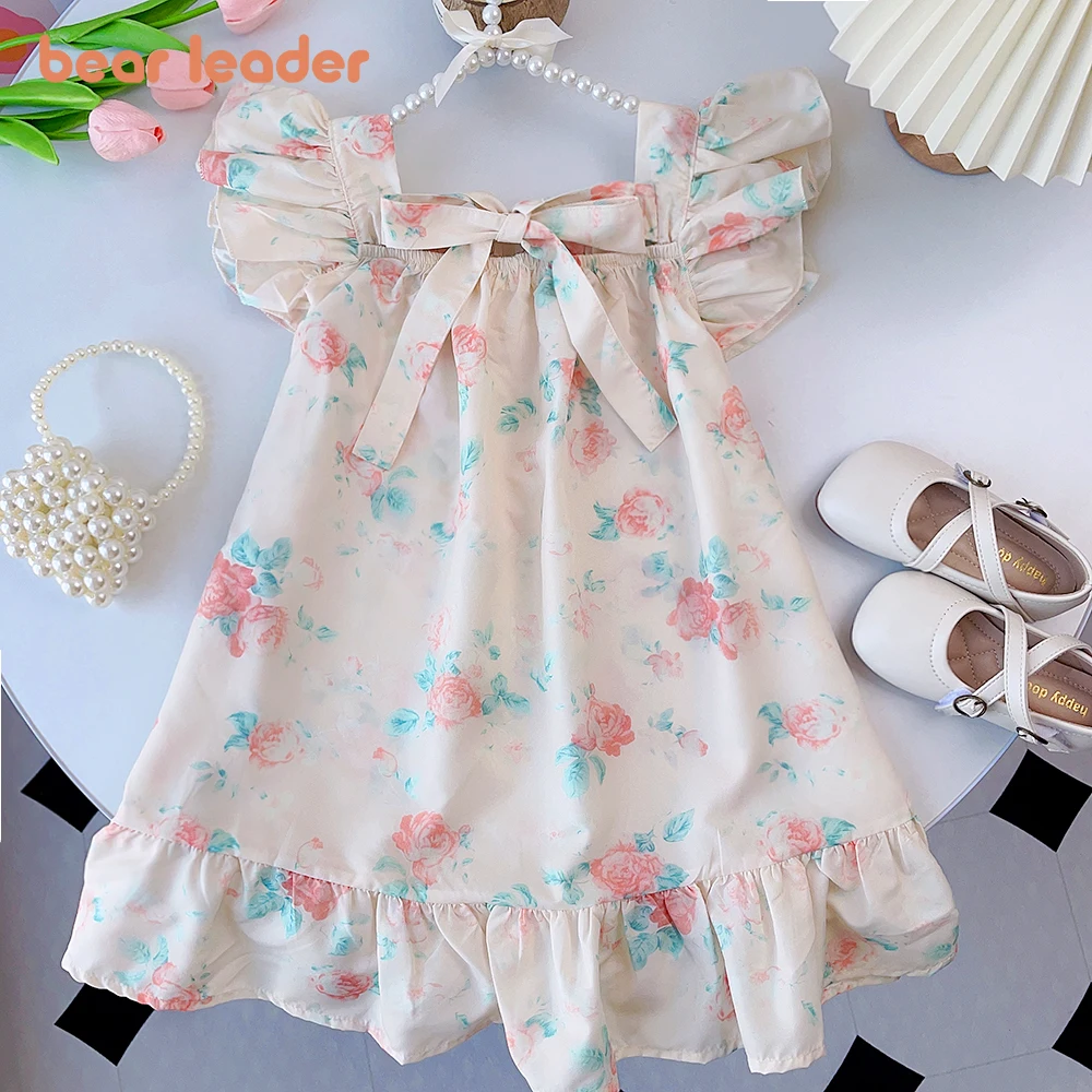 Bear Leader New Summer Girls' Dress With Ruffles Flying Sleeves Flower Print Dress Girls Kids Cute Fresh Print Princess Dress