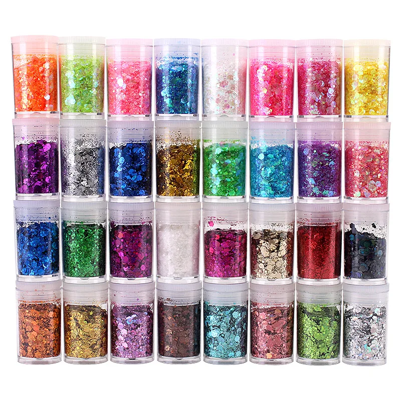 3g*32Bottle Laser Nail Art Glitter Sequins Holo Mixed Hexagon Chunky&Fine Flakes Xams Sparkly Body/Eye/Face/Manicure DecorPowder