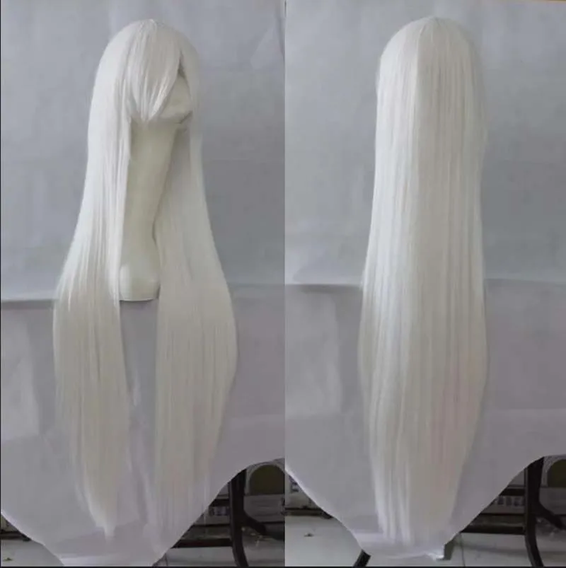 Biała peruka 100 CM/40 cali długa treska syntetyczne włókno termoodporne włosy Salon Party Cartoon Cosplay proste włosy