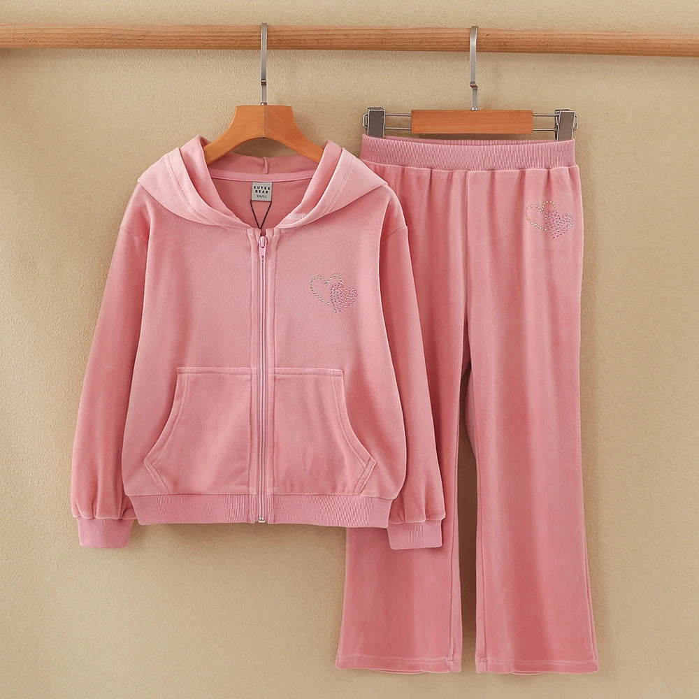 

Kids Girls Spring Autumn Fashion Tracksuit 2 Piece Set Children Zipper Hooded Top Elastic Waist Sweatpants Pink Velvet Sport Set