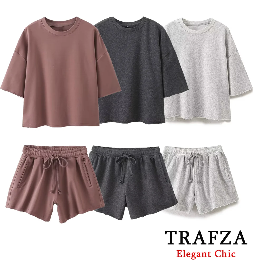 Trafza ชุดเสื้อสเวตเตอร์มีโครงแขนลำลองขาสั้นของผู้หญิงชุดกางเกงขาสั้นใส่อยู่บ้านแฟชั่นฤดูใบไม้ผลิฤดูร้อนวันหยุดพักผ่อน