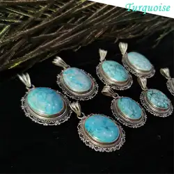 Hand Silver Jewelry Nepal 925 Silver Inlay Natural Turquoise Big Pendants T9072