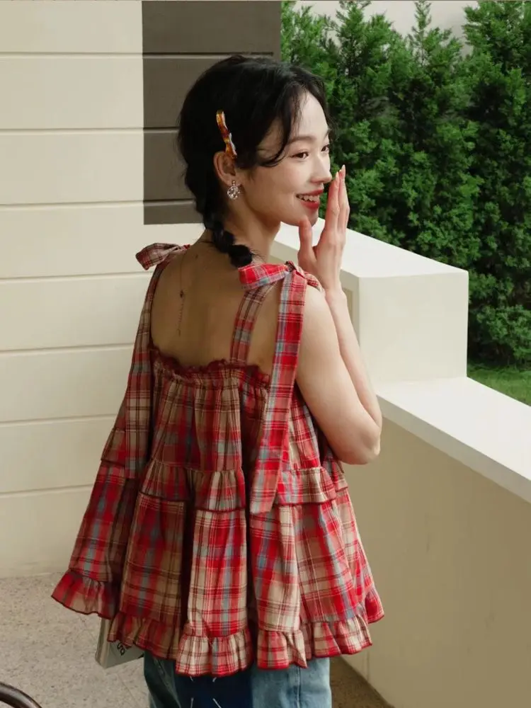 

Retro Plaid Strap Vest Small Halter Women's Summer Fashion Outerwear Sleeveless Flounce Short Top Lace Shirt Silk Georgette
