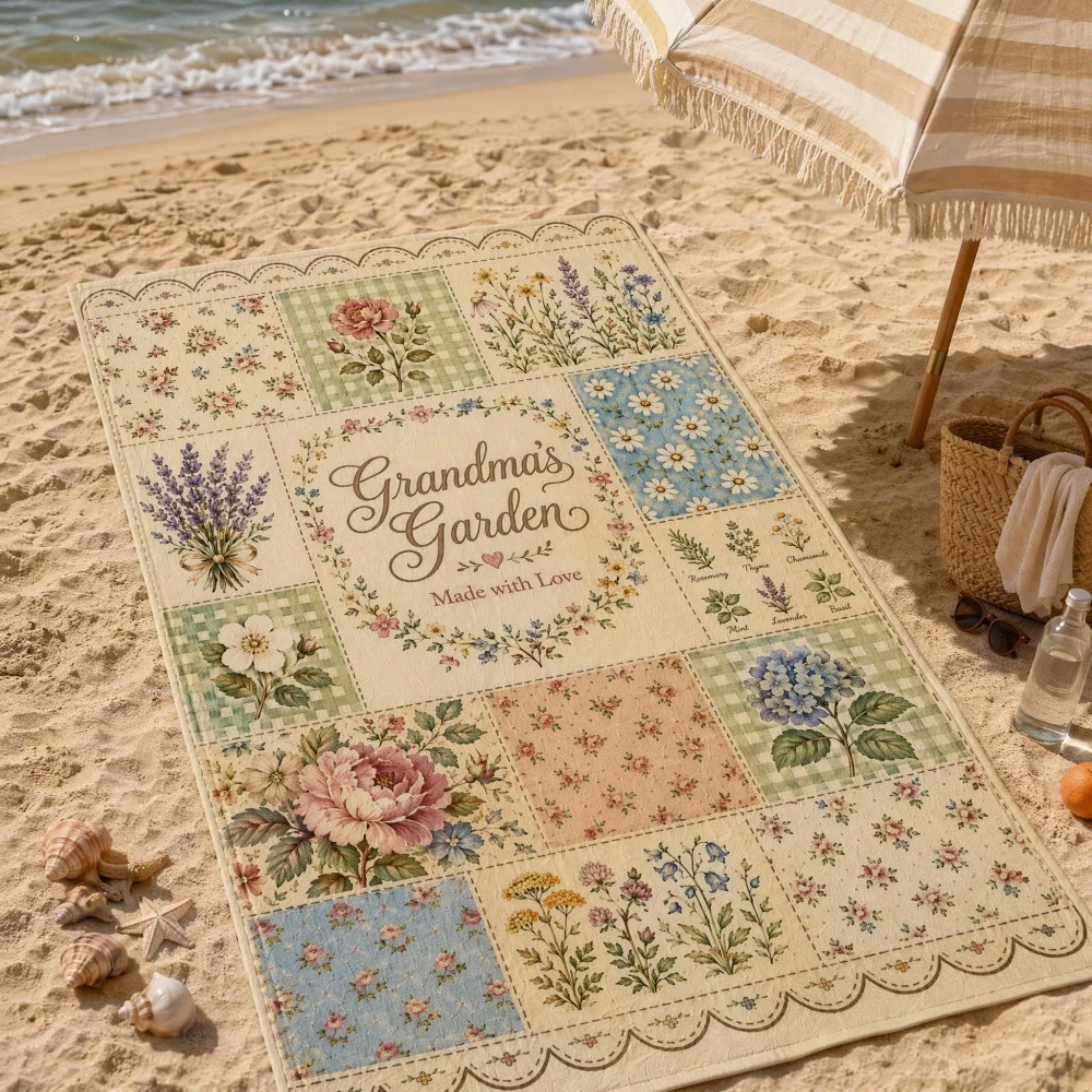 Vintage Cottage Patchwork Flower Beach Towel, Floral Quote Microfiber Bath Blanket, Boho Farmhouse Outdoor Beach Accessory Gift
