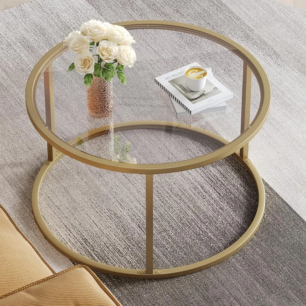 with Gold Frame SAYGOER Small Glass Coffee Table Round Gold Coffee Table for Small Spare Modern Simple Center Table