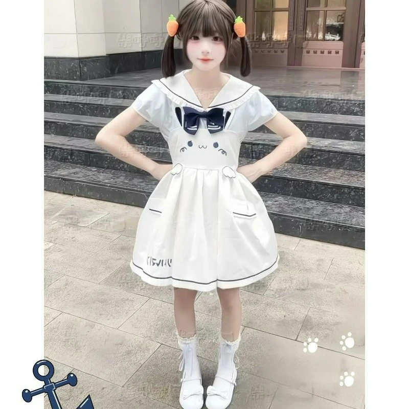 Japanese Kawaii Cute Lolita Style Dress Set Women Sweet Bow Sailor Collar Top Chic Print Strap Dresses Y2k Party Mini Dress Suit