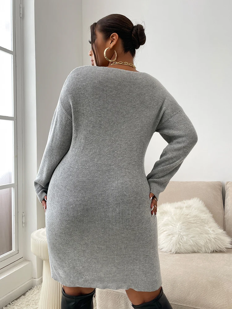 ONELINK Light Grey Deep V Neck Wrap Over Top Lace Belt High Waist Plus Size Women Sweater Dress L-3XL Big Clothing Winter Outfit