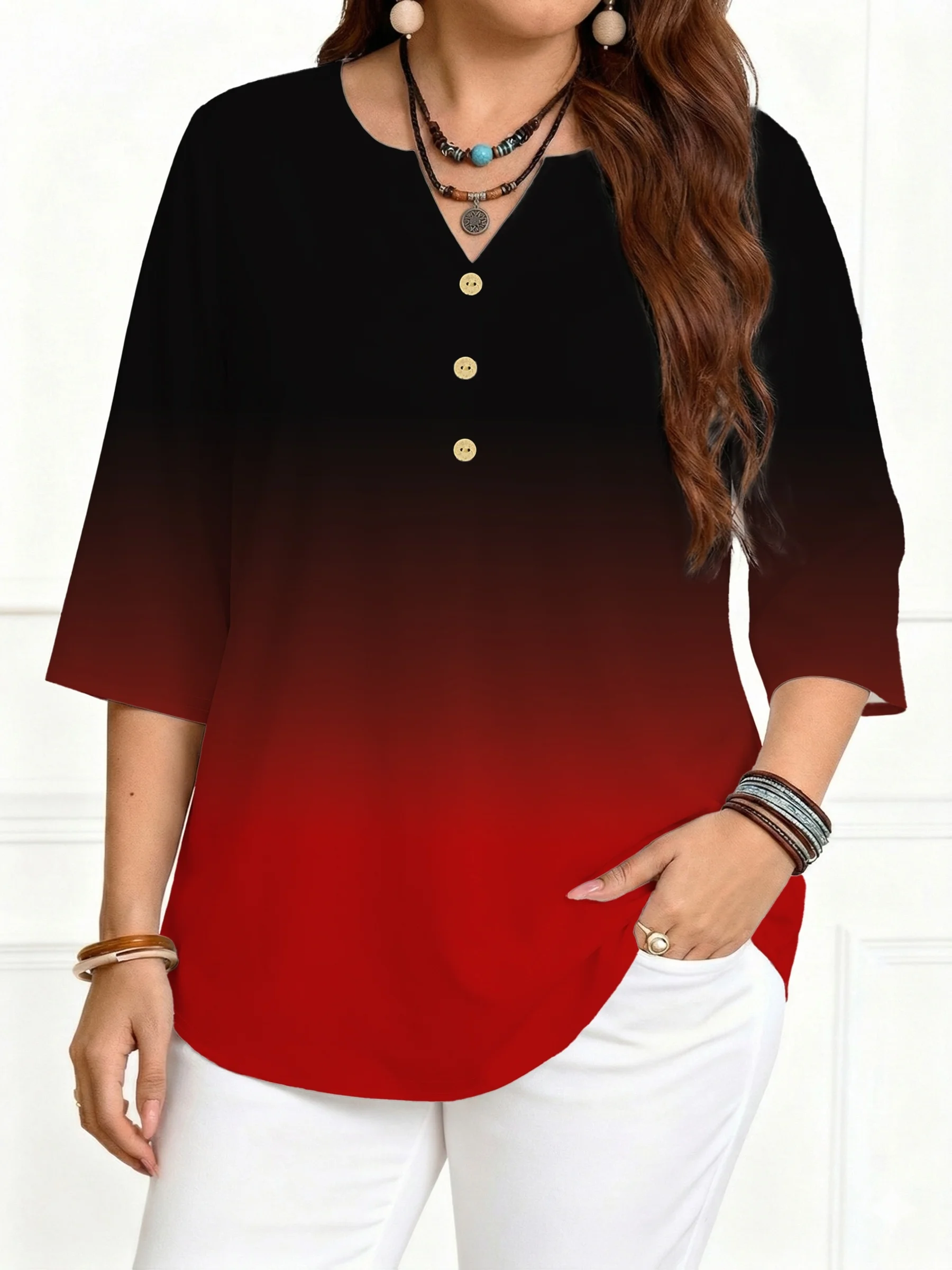 Plus Size Women's Gradient Buttoned Blouse with 3/4 Sleeves for Casual Elegance and Comfort