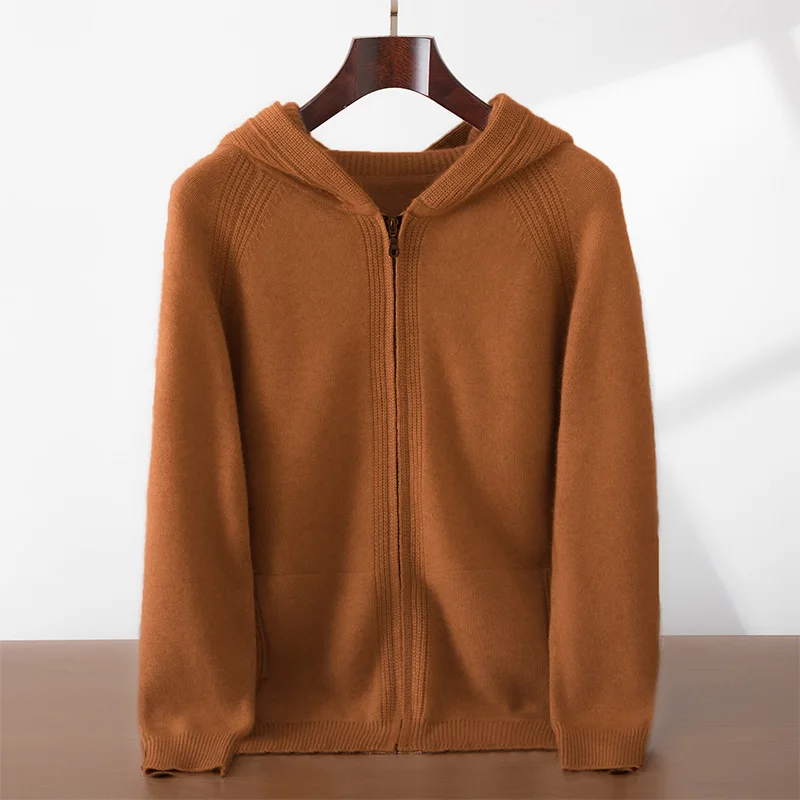 

2025 мужской кардиган на молнии с капюшоном, 100% кашемир, спортивный повседневный свитер с длинными рукавами, осень-зима, классические универсальные вязаные куртки, топы