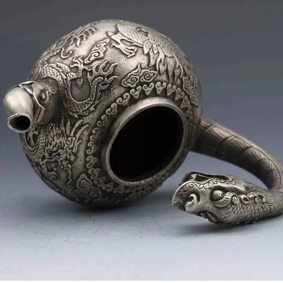Collection Chinese Tibetan silver hand-carved dragon teapot