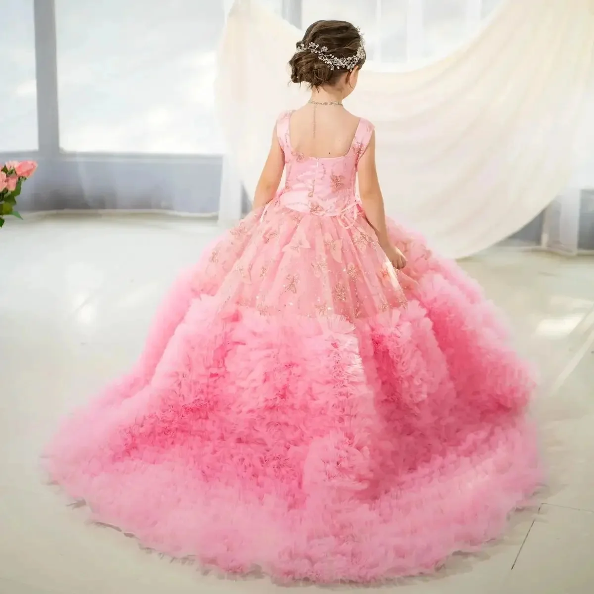 Flower Girl Dress for Wedding Butterfly Appliques Sleeveless Ruffles Tiered First Communion Birthday Party Ball Gown Custom