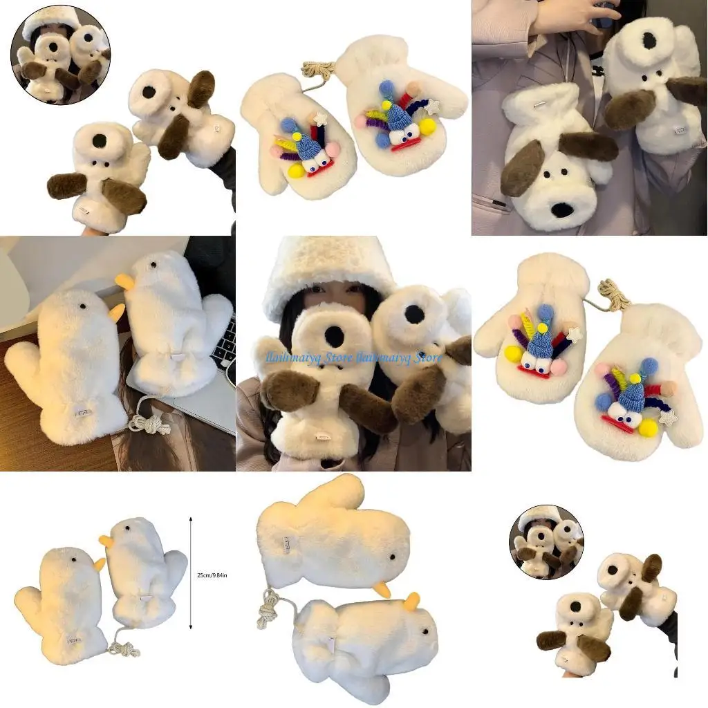 

573B 2pcs Charm Plush Canine Gloves Girls Winter Mittens Fashion Warm Gloves for Cold Weather and Snow Activity