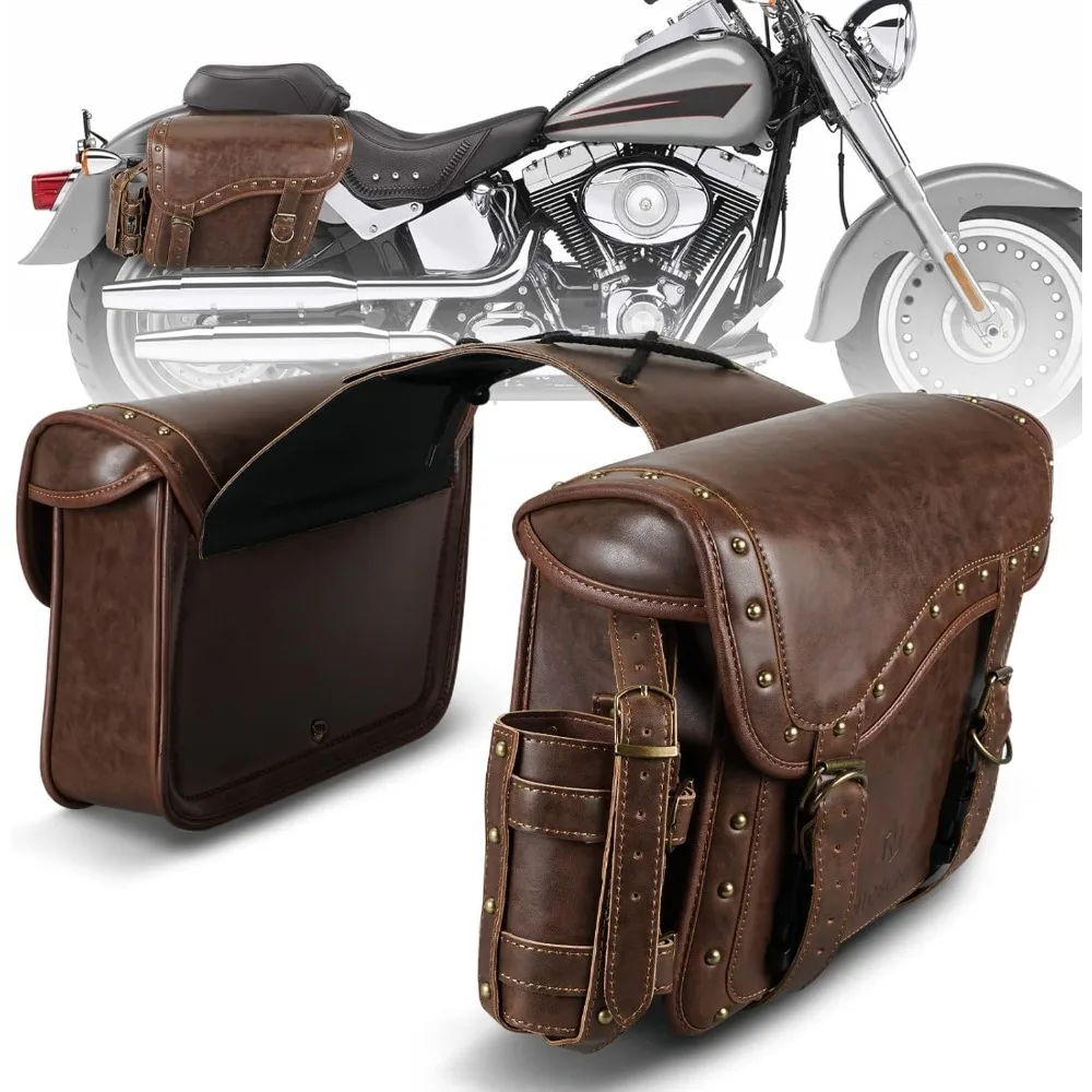 

motorcycle saddle bags, pu leather motorcycle saddlebags, reinforced straps & saddle piece, with cup holder, throw over saddle