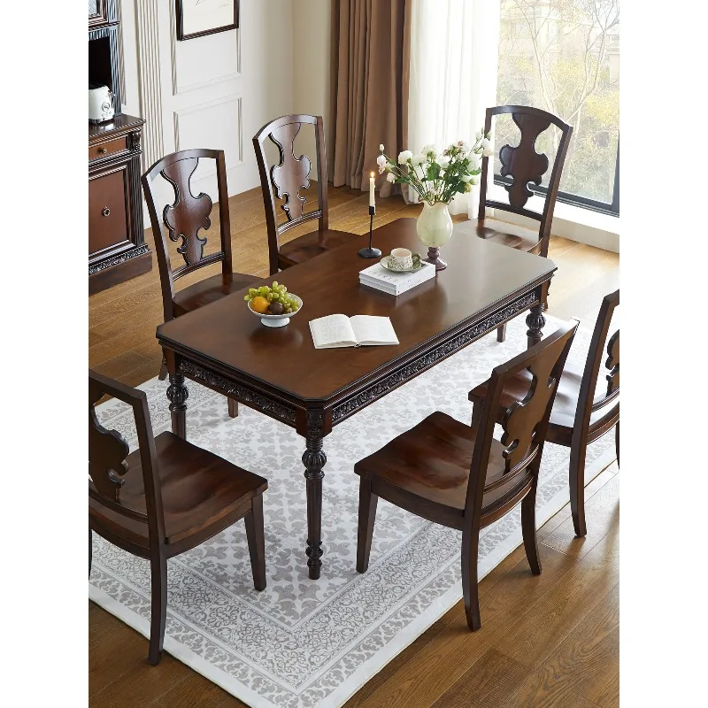 American pure solid wood dining table and chair combination carved whole log rectangular villa large dining room family dining t