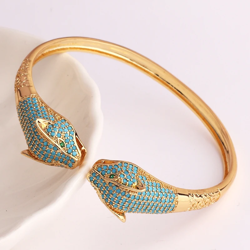 New Arrived Double Leopard Head Statement Bracelet Bangle for Women Grils Copper Metal Gold Plated Turquoise Animal Bracelet