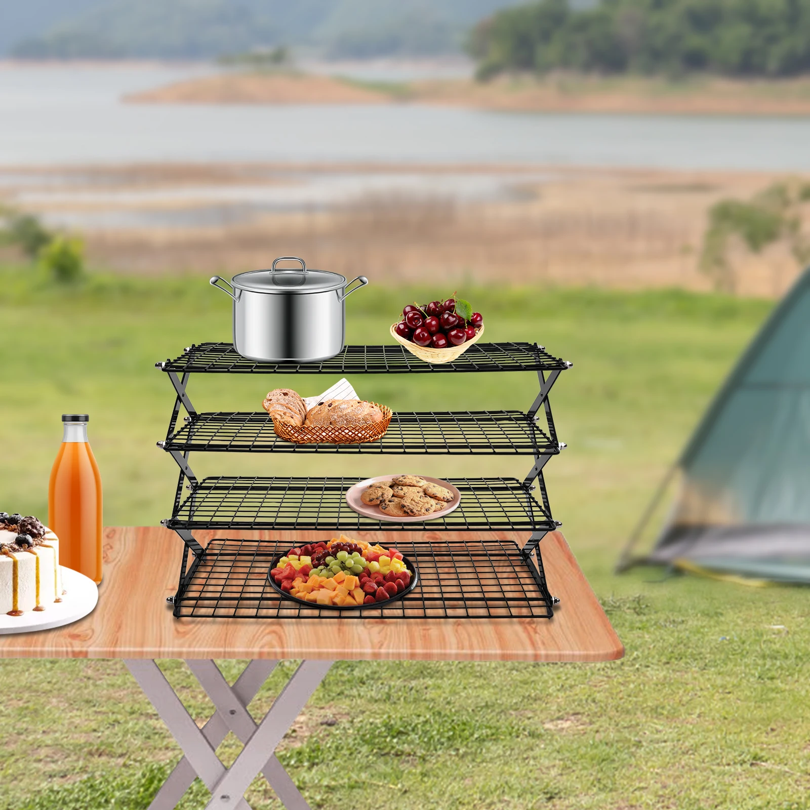 4-Tiers Outdoor Folding Shelf Portable Barbecue Net Desk Camp Grill Storge Rack
