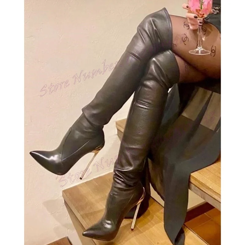 Black Metal Heels Knee High Boots Matte Leather Elastic Pointy Toe Shoes for Women High Heel Sexy Shoes 2024 Zapatos Para Mujere