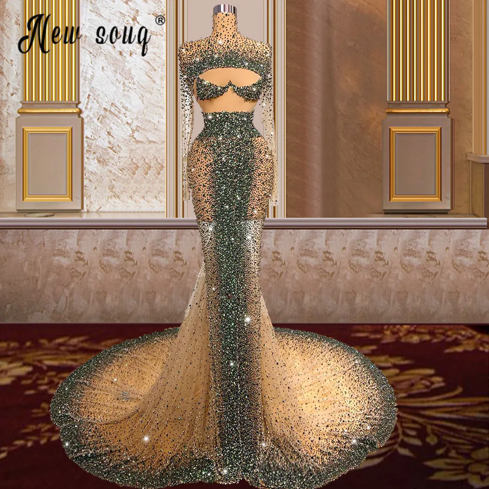 Mermaid Luxury Champagne Evening Dresses Long SleevesDubai Formal Prom Gowns Vestidos De Fiesta De Noche Largos Elegantes