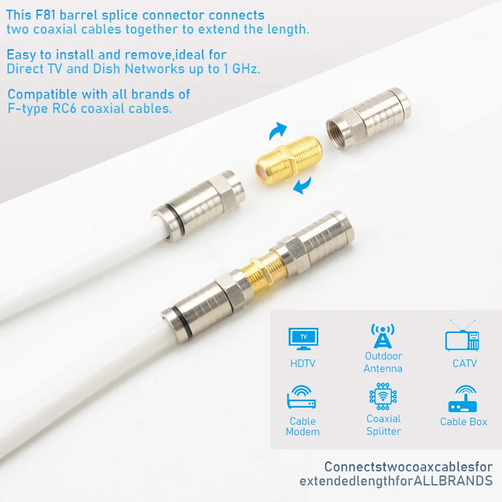 10 قطعة موصل كابل محوري ، RG6 F-نوع محول مطلي بالذهب أنثى إلى أنثى موسع كابل محوري لكابلات التلفزيون