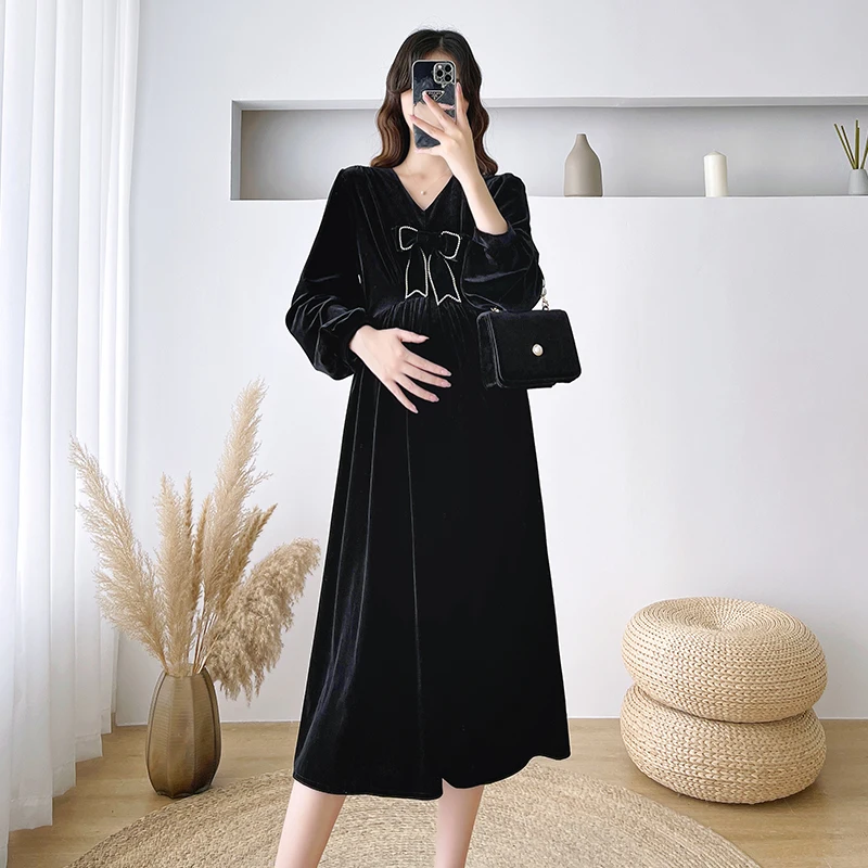 New Winter Soft Lurex Maternity Mother Long Dress Sweet Elegant Ins A Line Clothes for Pregnant Women