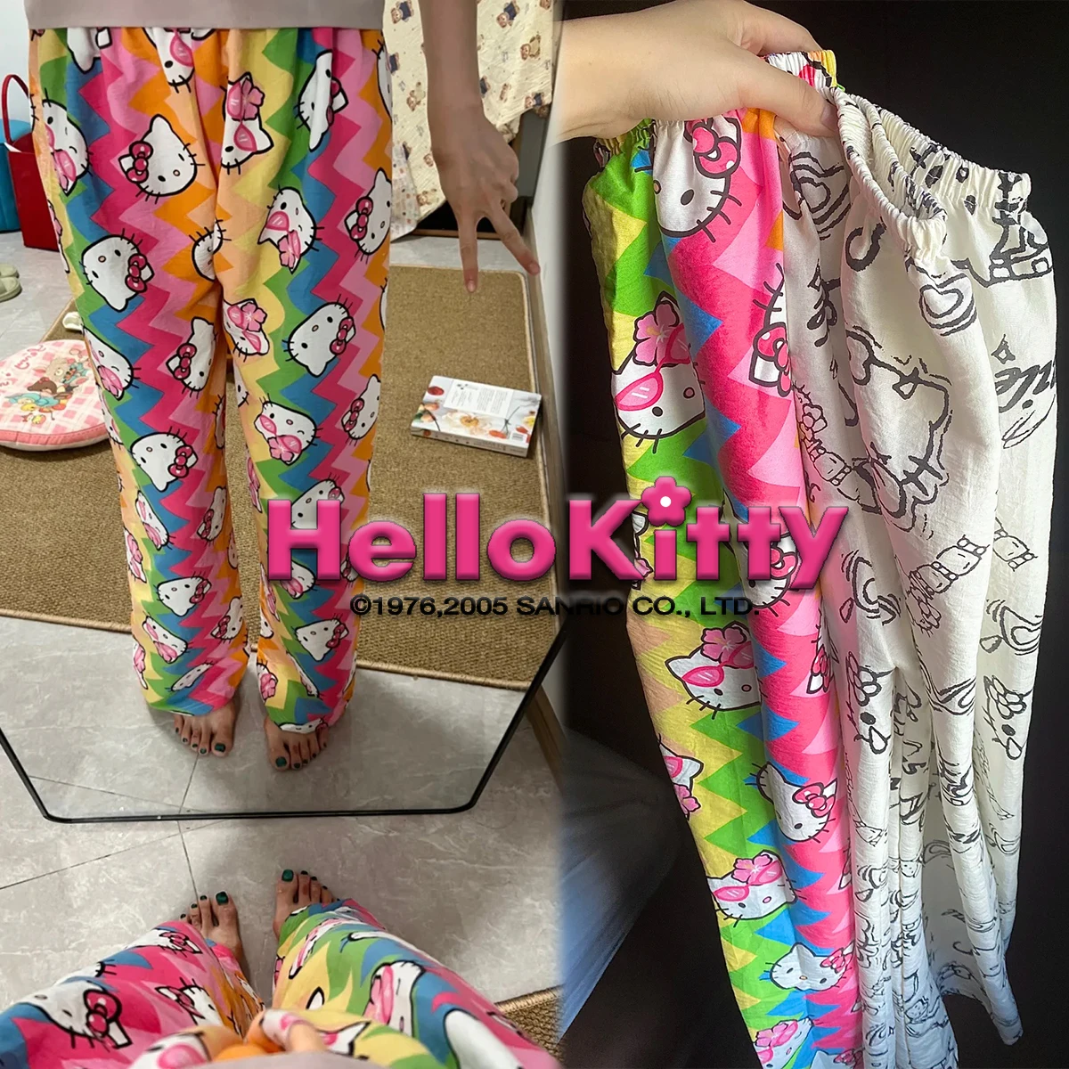 

Длинные брюки Hello Kitty Kt Rainbow Dopamine Y2k, милые брюки с принтом для девочек, свободные тонкие стильные брюки с непринужденной спинкой