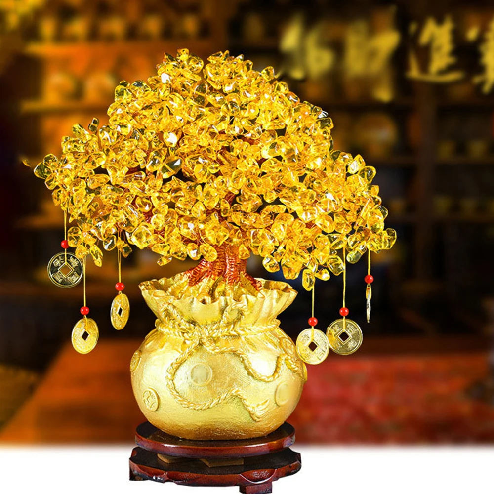 1PC Golden Desktop Ornament, Natural Crystal Wealth Tree, Money Bag Tree, Shaking Money Tree, Craft Gift Ornament, Christmas Dec