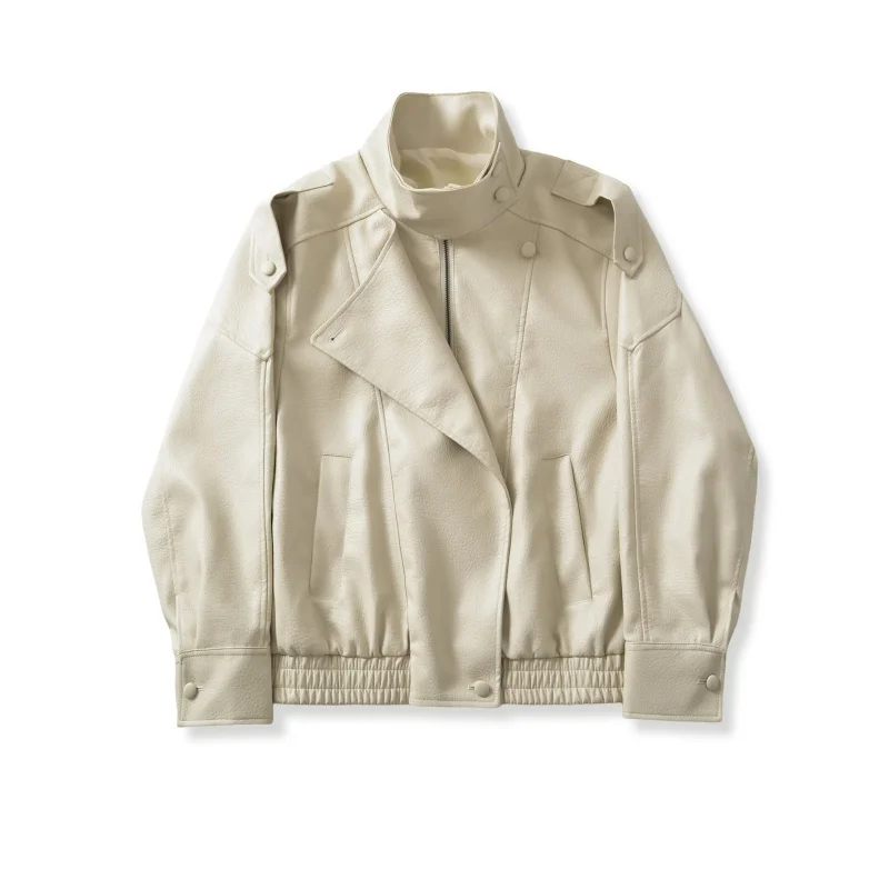 Chaqueta de Cuero Sintético PU Coreana Informal para Mujer, Estilo Biker, Cuello Alto, Manga Larga, Holgada, Color Beige y Negro, para Otoño